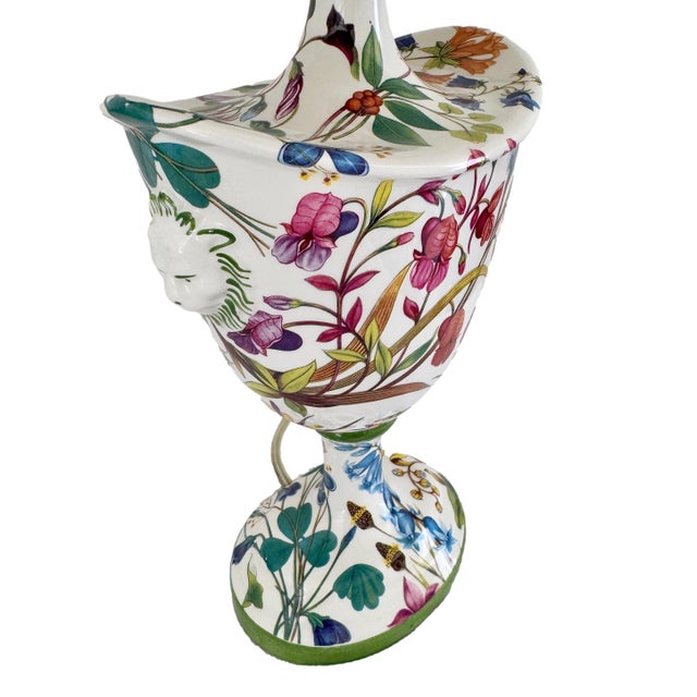 1980s Italian Botanical Painted Ceramic Urn Table Lamp With Lion Masks & Turquoise Finial Neoclassical For Sale - Image 4 of 14