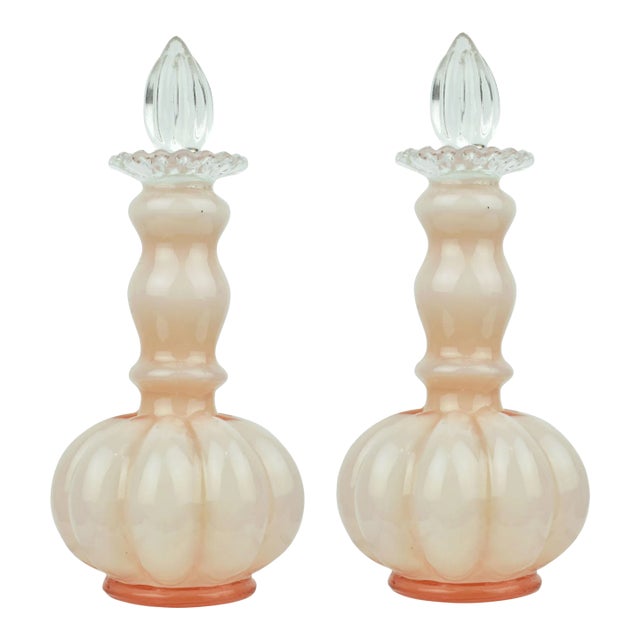 Mid Century Pink Melon Glass Fenton Perfume Bottles Art Glass - a Pair For Sale