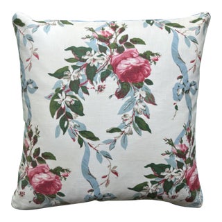 Ribbons and Roses Vintage Chintz Square Designer Pillow With Down Feather Insert For Sale