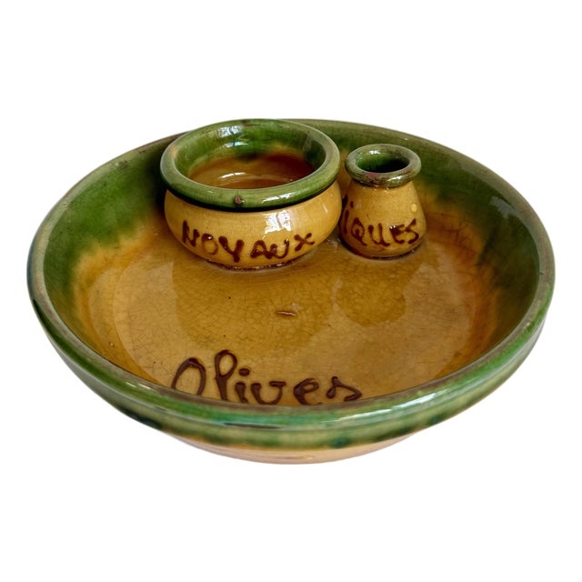 Vintage French Provençal Glazed Pottery Olive Serving Dish For Sale