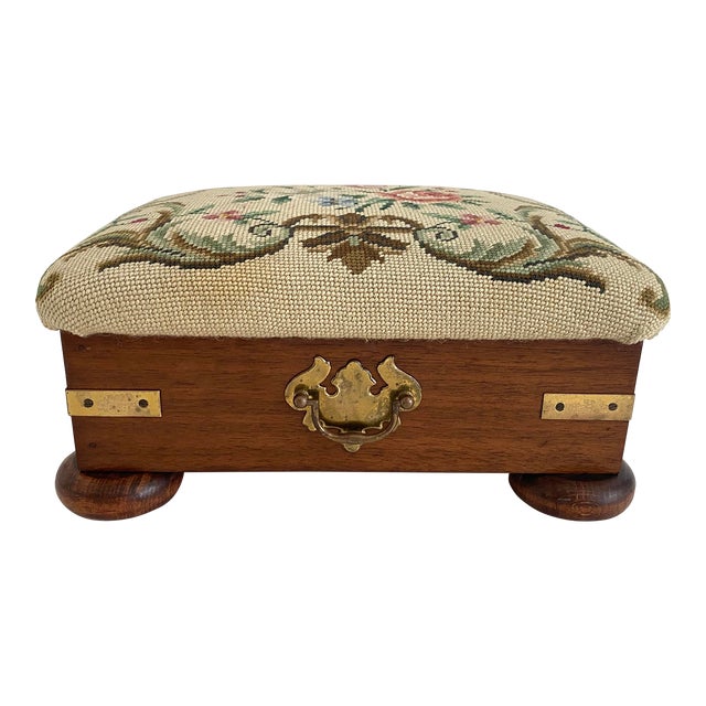 English Needlepoint and Mahogany Foot Stool For Sale