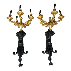 Edward F. Caldwell Massive Ormolu Mounted and Patinated Bronze Triton Figural 5-Light Sconces, Pair