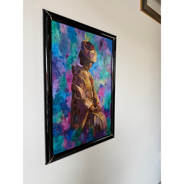 Striking 1980’s oil on canvas by Marion Swartz depicting a serene Japanese lady in traditional attire, rendered in a...