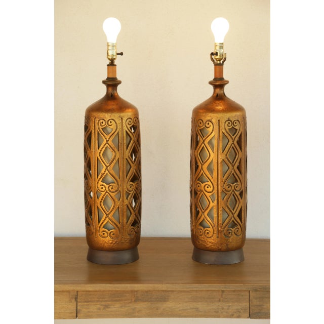 Gorgeous Golden Mid-Century Brutalist Cut-Out Ceramic Table Lamps - A Pair For Sale In San Diego - Image 6 of 17