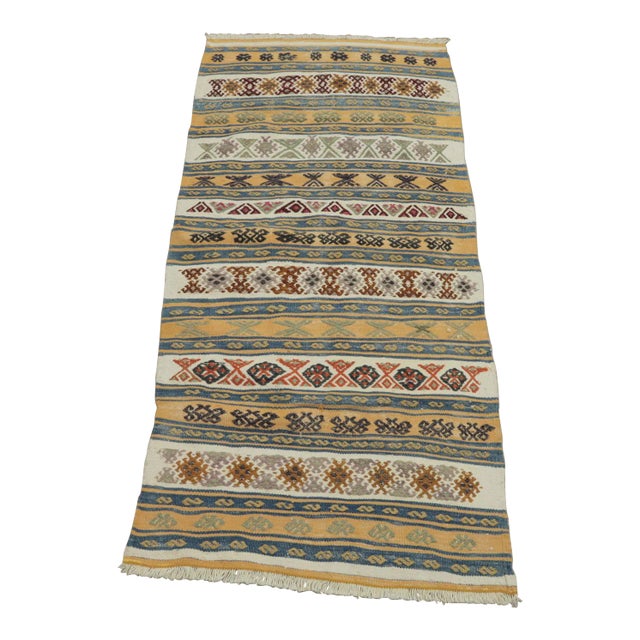 1960s Ethnic Design Ikat Tribal Yellow Striped Kilim Rug For Sale