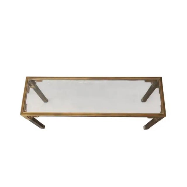 Hollywood Regency Mastercraft Brass and Glass Console Table, Greek Key Motif For Sale - Image 3 of 9