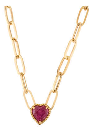 18k Solid Gold Paperclip Chain Necklace With 1.34 Ct Ruby Heart Pendant- 17inch