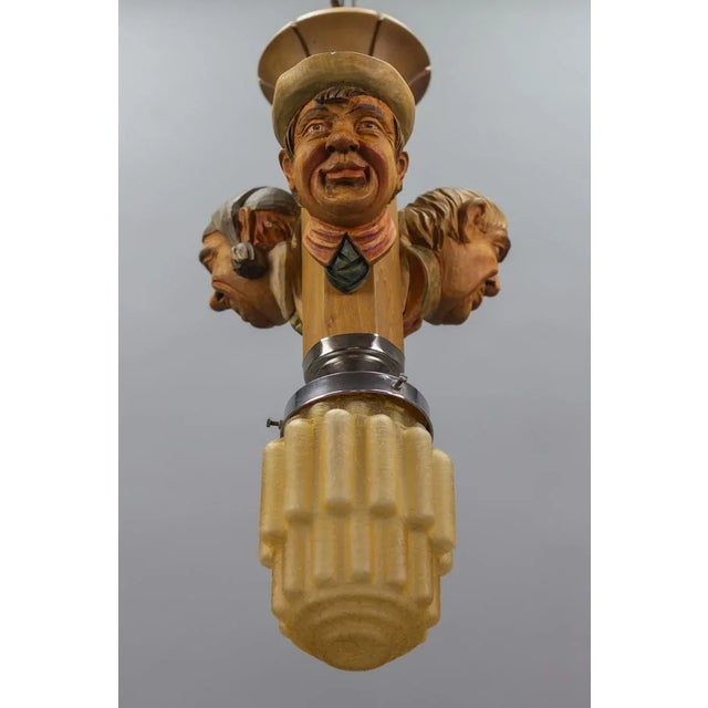 Art Deco Style Hand-Carved Wooden and Glass Pendant Light For Sale - Image 12 of 18