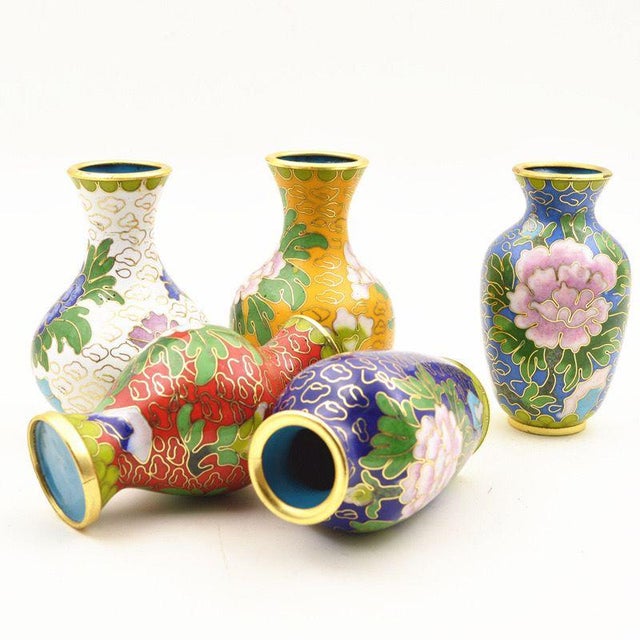 Metal Set of 5 Miniature Chinese Cloisonné Vases | Floral Motif With Wood Stands & Box For Sale - Image 7 of 15