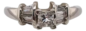 14 Karat White Gold Diamond Engagement Ring Side Baguette Cut Diamonds