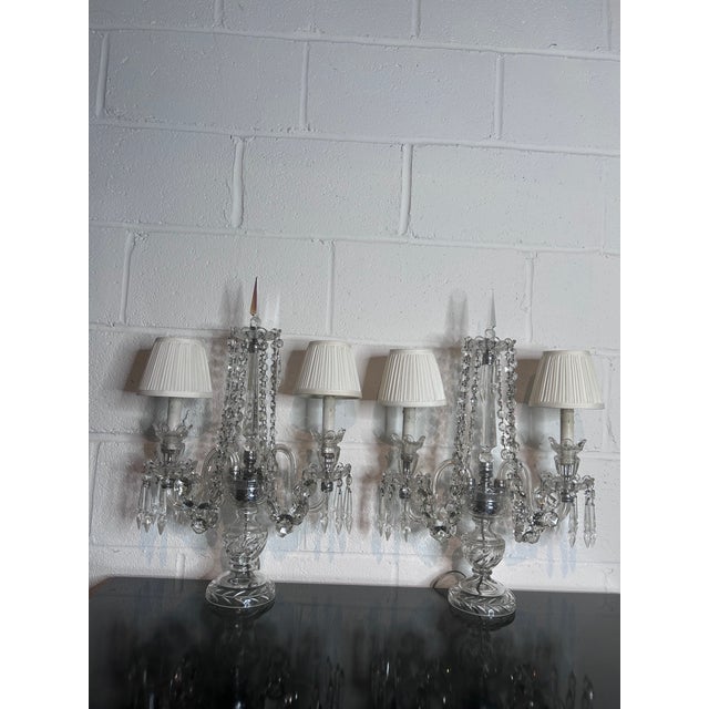 Mid 20th Century Pair of Vintage Crystal Girandoles/Chandelier Lamps For Sale - Image 5 of 12