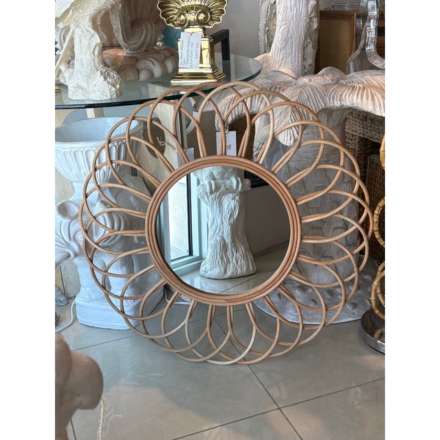 Vintage French Loop Scalloped Round Wicker Rattan Wall Mirror For Sale - Image 4 of 9