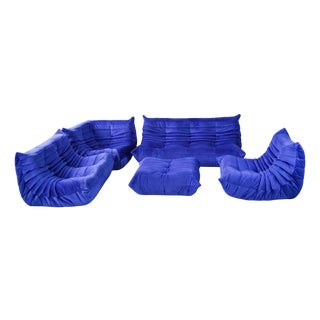 Togo Living Room Set in Velvet Blue by Michel Ducaroy for Ligne Roset, 1979, Set of 5 For Sale