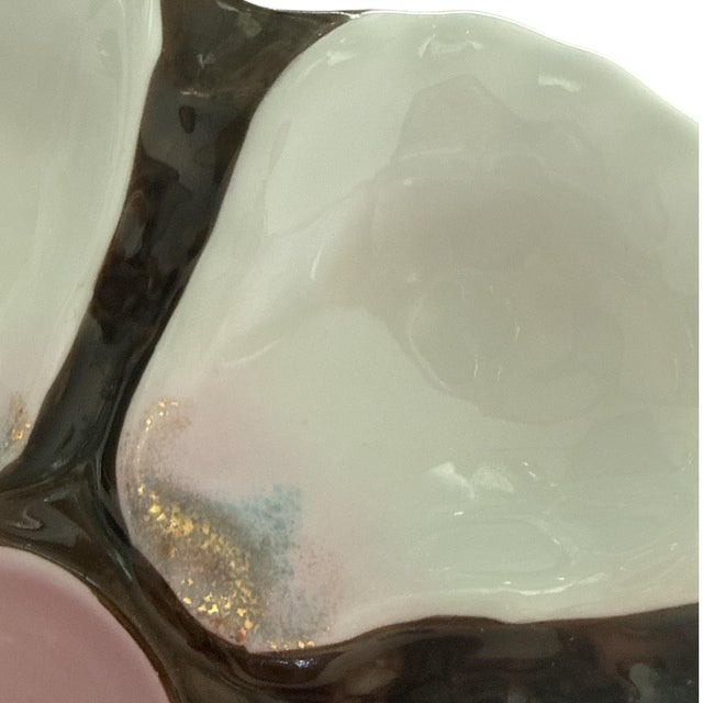 French Vintage Porcelain European Oyster Plate With Iridescent Shell Wells 9.25” c.1930s/40s For Sale - Image 3 of 5