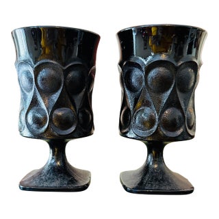 Vintage Noritake Spotlight Ebony Glasses Set of Two 1970s Black Pedestal Glassware For Sale