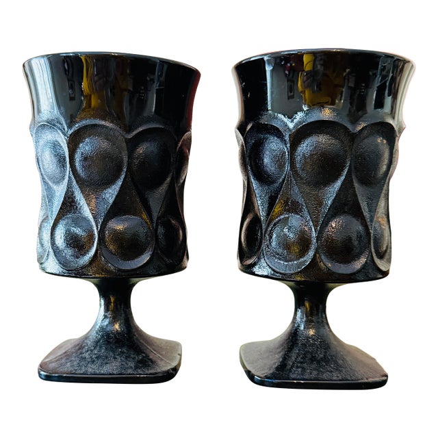 Vintage Noritake Spotlight Ebony Glasses Set of Two 1970s Black Pedestal Glassware For Sale