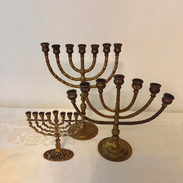 Mid-20th Century Trio Variegated Height Brass Menorahs For Sale - Image 12 of 12