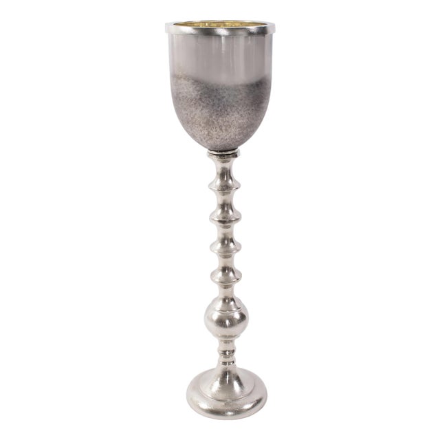 Black Diamond Glass Chalise on a Nickel Turned Metal Stand- Medium For Sale