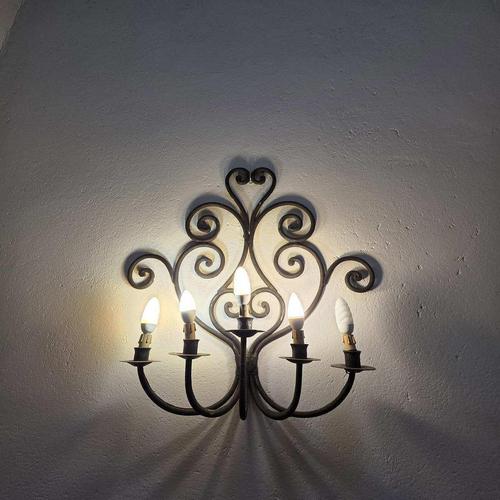 Rustic Handcrafted Five-Light Wall Sconce in Wrought Iron with Scrolls For Sale - Image 3 of 10
