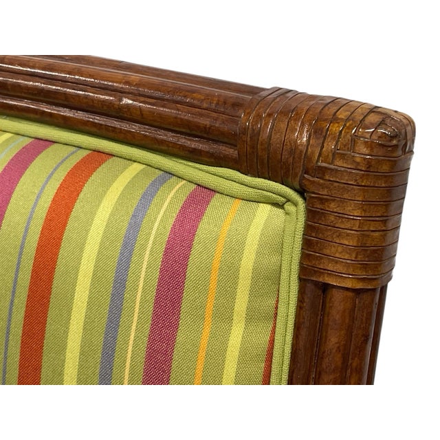 American Lane Venture Tradewinds Rattan Arm Chairs, Set of Six, Excursions, Chippendale Style, Striped Upholstery For Sale - Image 3 of 12