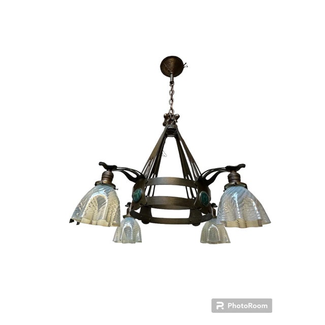 Art Nouveau Rare Antique Bronze Art Nouveau Chandelier Light Fixture With Turquoise Painted Stones and Phoenix Blue Swirl Art Glass Shades For Sale - Image 3 of 4