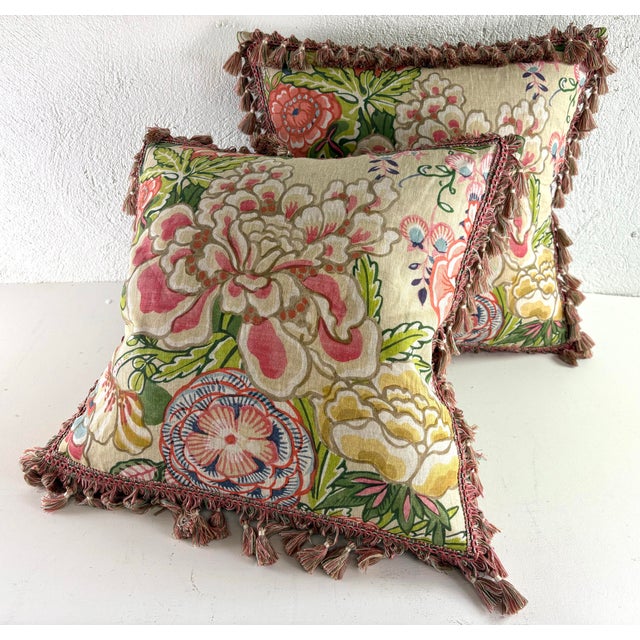 Thibaut Peony Garden Hand Printed Tasseled Linen Pillows/a Pair For Sale - Image 10 of 10