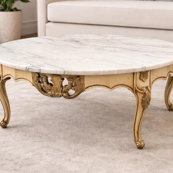 Vintage French Louis XV Style White Marble Top Small Round Coffee Table. Item features white and dark gold paint...