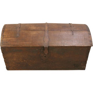 Antique 1820 French Oak Trunk Original Iron For Sale