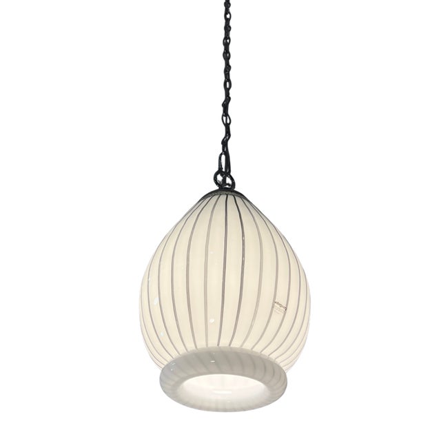 White Vintage Murano Striscia Art Glass White Oval Pendant Light With Black Stripes For Sale - Image 8 of 18
