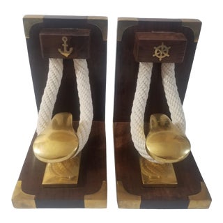 Nautical Inspired Wood & Polished Brass Bookends - a Pair For Sale