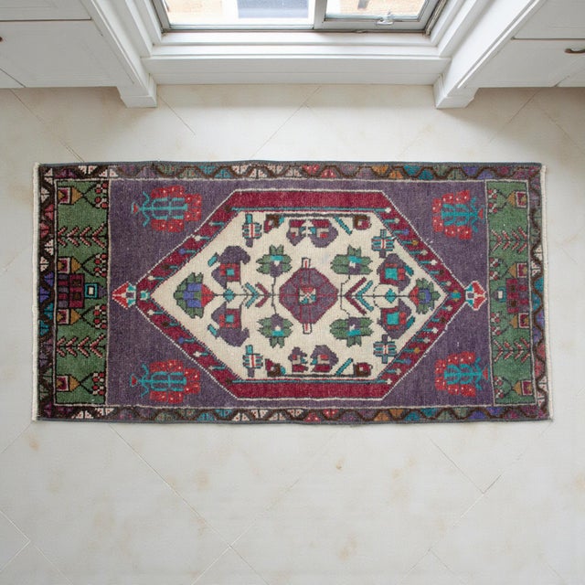 Hollywood Regency 1970s Hand Knotted Turkish Small Rug Purple Accent Rug - 20'' X 39'' For Sale - Image 3 of 13