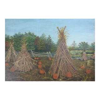 Vintage Folk Art Pumpkin Patch Landscape Painting For Sale