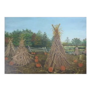 Vintage Folk Art Pumpkin Patch Landscape Painting
