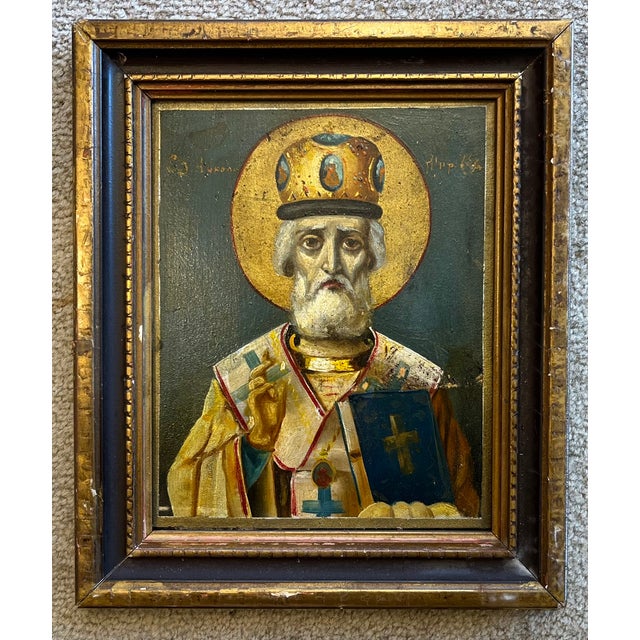 Antique Oil Painting on Board - Russian Icon Portrait of Saint Nicholas Circa 1925 For Sale In New York - Image 6 of 9