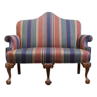 High End Vintage Solid Mahogany Traditional Style 54" High Camelback Loveseat Settee W. Striped Upholstery For Sale