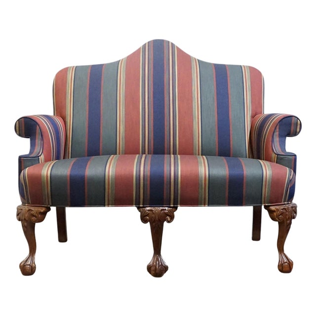 High End Vintage Solid Mahogany Traditional Style 54" High Camelback Loveseat Settee W. Striped Upholstery For Sale