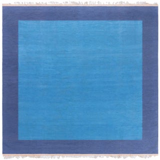 Doris Leslie Blau Mid-Century Dhurrie Blue With Navy Blue Flatweave Cotton Rug For Sale