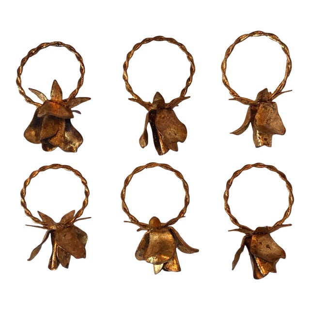 Vintage Italian Tole Rose Napkin Rings - Set of 6 For Sale