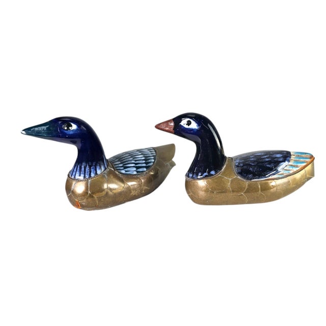Tonala Brass Duck Figurines Talavera Mexican Folk Art Set of 3 For Sale - Image 4 of 11