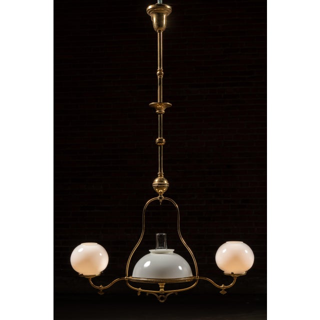 Victorian Late 19th Century Brass Triple-Arm Early Gas-Electric Chandelier With Milk Glass Shades For Sale - Image 3 of 8