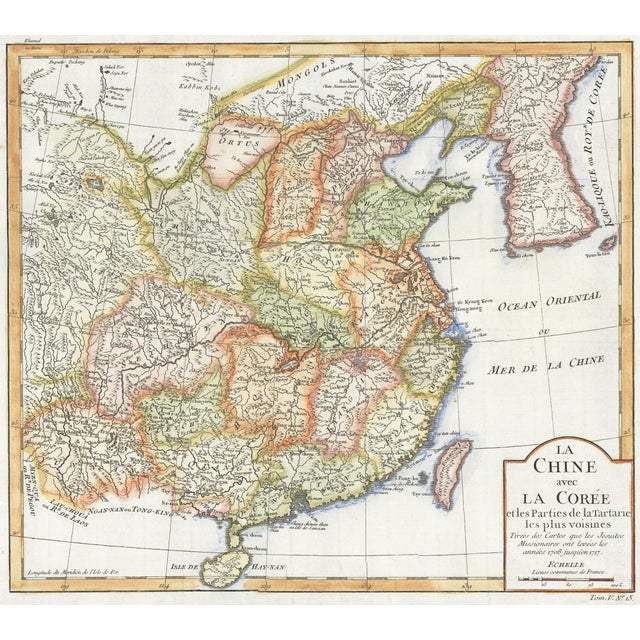 Copper engraved map with hand coloring by Jacques-Nicolas Bellin, full title: "La Chine avec La Coree et les Parties de la...