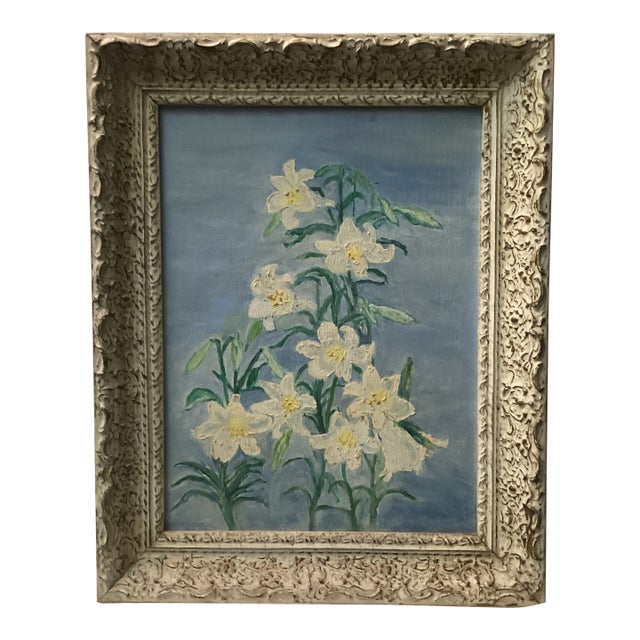 1950 Vintage Easter, Lilly Oil Painting, Framed For Sale