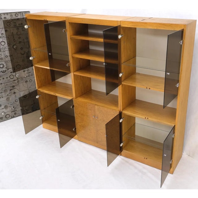 Burl walnut smoked glass doors cabinets adjustable shelves 3 bay wall unit credenza mint.