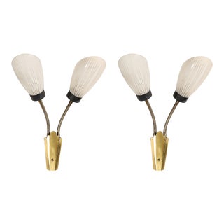 Pair of Mid-Century Tulip Form Articulating Frosted Glass & Brass Fitted Sconces For Sale