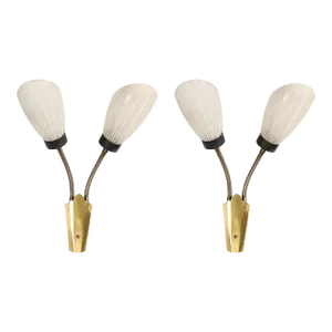 Pair of Mid-Century Tulip Form Articulating Frosted Glass & Brass Fitted Sconces
