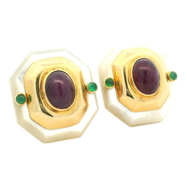 Maz Mother-of-Pearl Ruby & Emerald 14k Gold Earrings, Circa 1980, A Pair For Sale