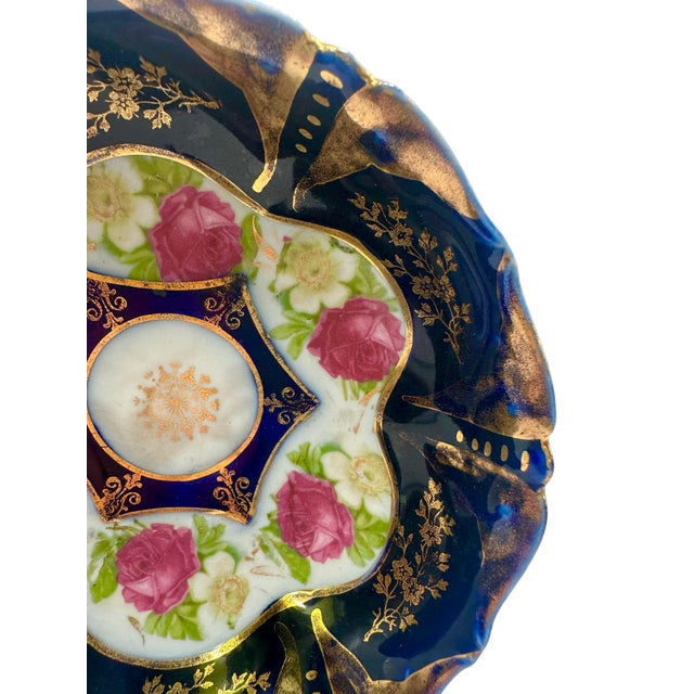 1920s 1920s Porcelain Decorative Bowl With Hand-Painted Roses and Cobalt Blue Rim by LPF Germany For Sale - Image 5 of 12