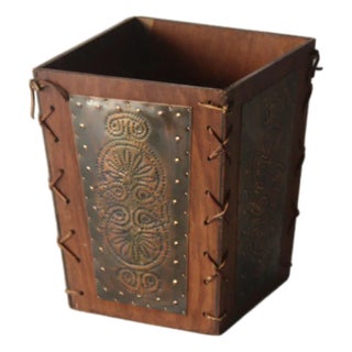 Pieced Copper Plate Leather Western Theme Wastebasket Vintage For Sale
