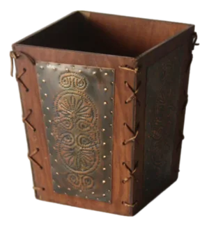Pieced Copper Plate Leather Western Theme Wastebasket Vintage