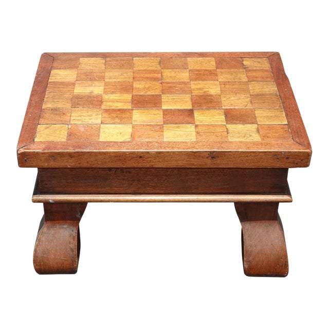 Vintage French Country Oak Checkered Brown Footstool For Sale